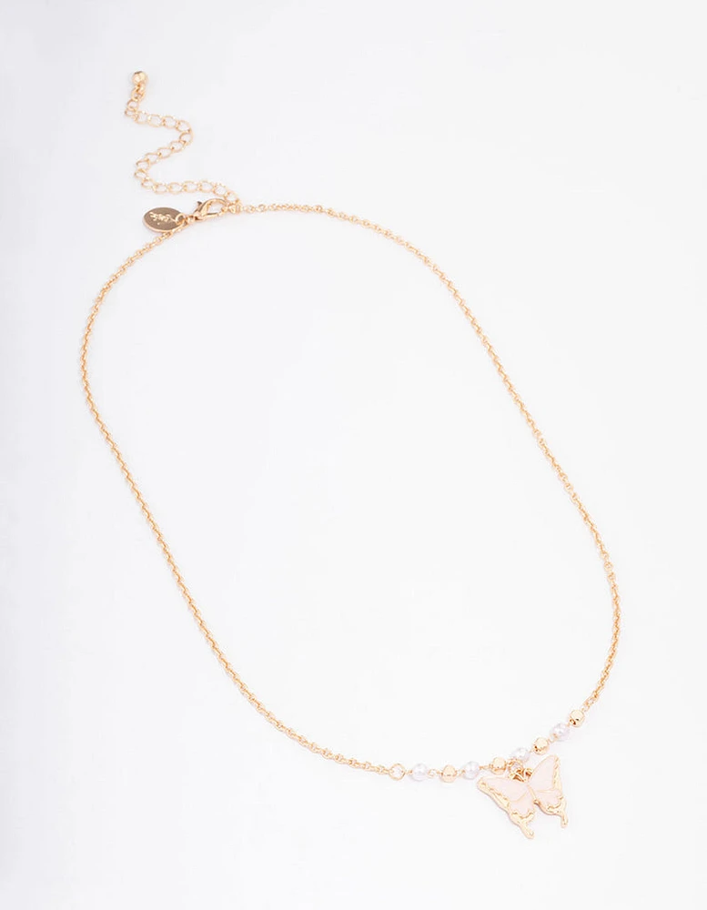 Gold Pearl Butterfly Short Necklace