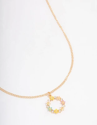 Gold Diamante Flower Circle Short Necklace