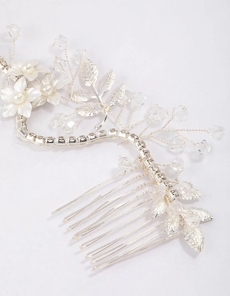 Silver Diamante & Pearl Flower Hair Drape