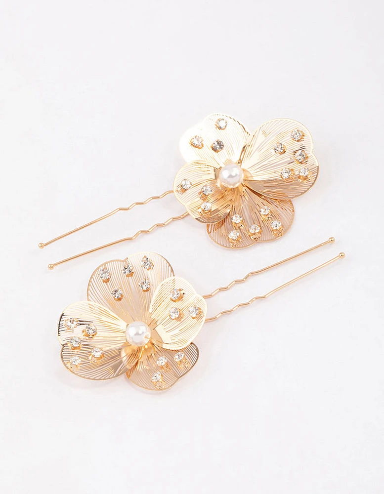 Gold Pearl Etched Flower Hair Pin Pack