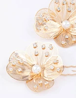 Gold Pearl Etched Flower Hair Pin Pack