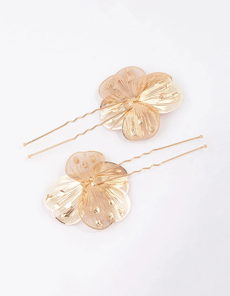 Gold Pearl Etched Flower Hair Pin Pack