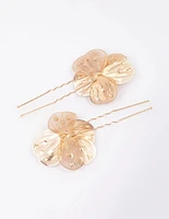 Gold Pearl Etched Flower Hair Pin Pack