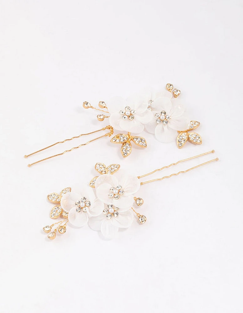 Gold Triple Flower Diamante Hair Pin Pack