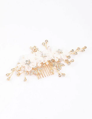 Gold Flower Diamante & Pearl Hair Comb