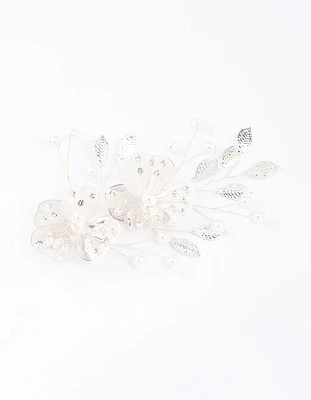 Gold Pearl Etched Flower Hair Clip