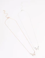 Mixed Metal Diamante Butterfly Necklace Pack