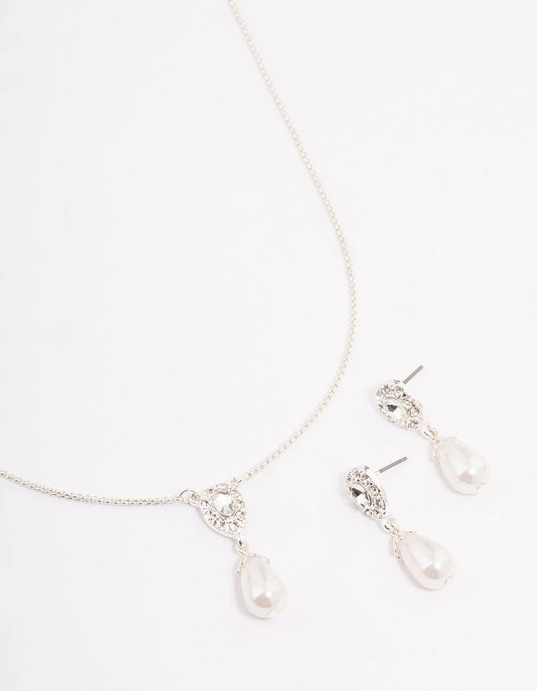 Silver Pearl Halo Drop Jewellery Set