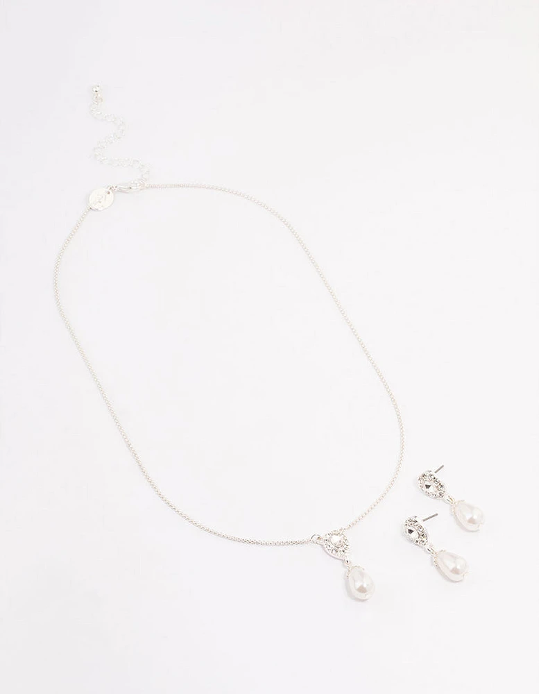 Silver Pearl Halo Drop Jewellery Set