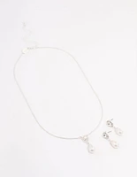 Silver Pearl Halo Drop Jewellery Set