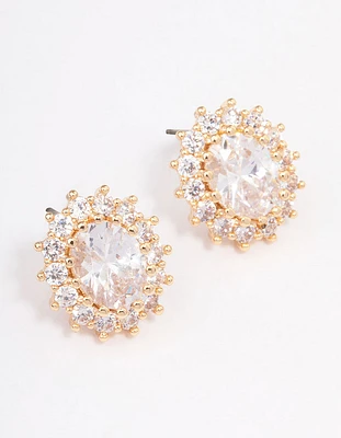 Gold Round Halo Stud Earrings