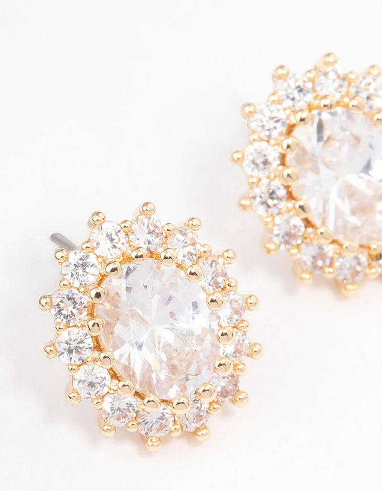 Gold Round Halo Stud Earrings