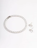 Rhodium Cubic Zirconia Round Graduating Earrings & Tennis Bracelet Set