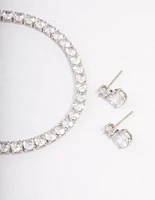 Rhodium Cubic Zirconia Round Graduating Earrings & Tennis Bracelet Set