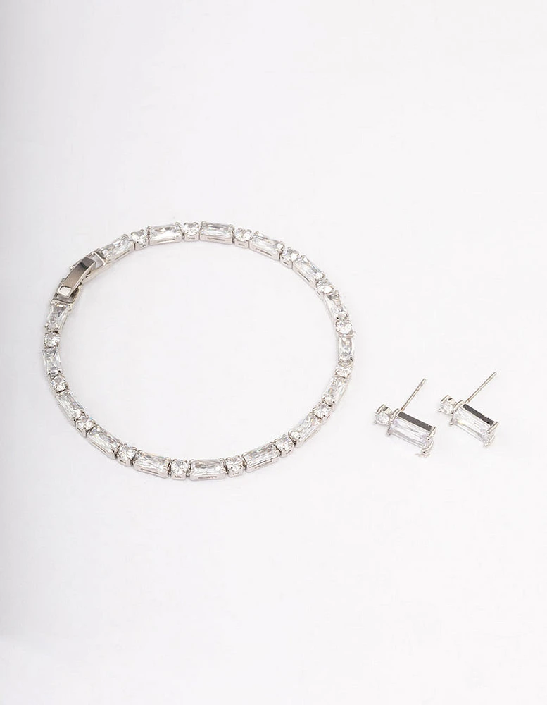 Rhodium Cubic Zirconia Baguette Earrings & Tennis Bracelet Set