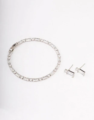 Rhodium Cubic Zirconia Baguette Earrings & Tennis Bracelet Set