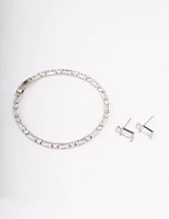 Rhodium Cubic Zirconia Baguette Earrings & Tennis Bracelet Set