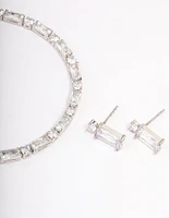 Rhodium Cubic Zirconia Baguette Earrings & Tennis Bracelet Set