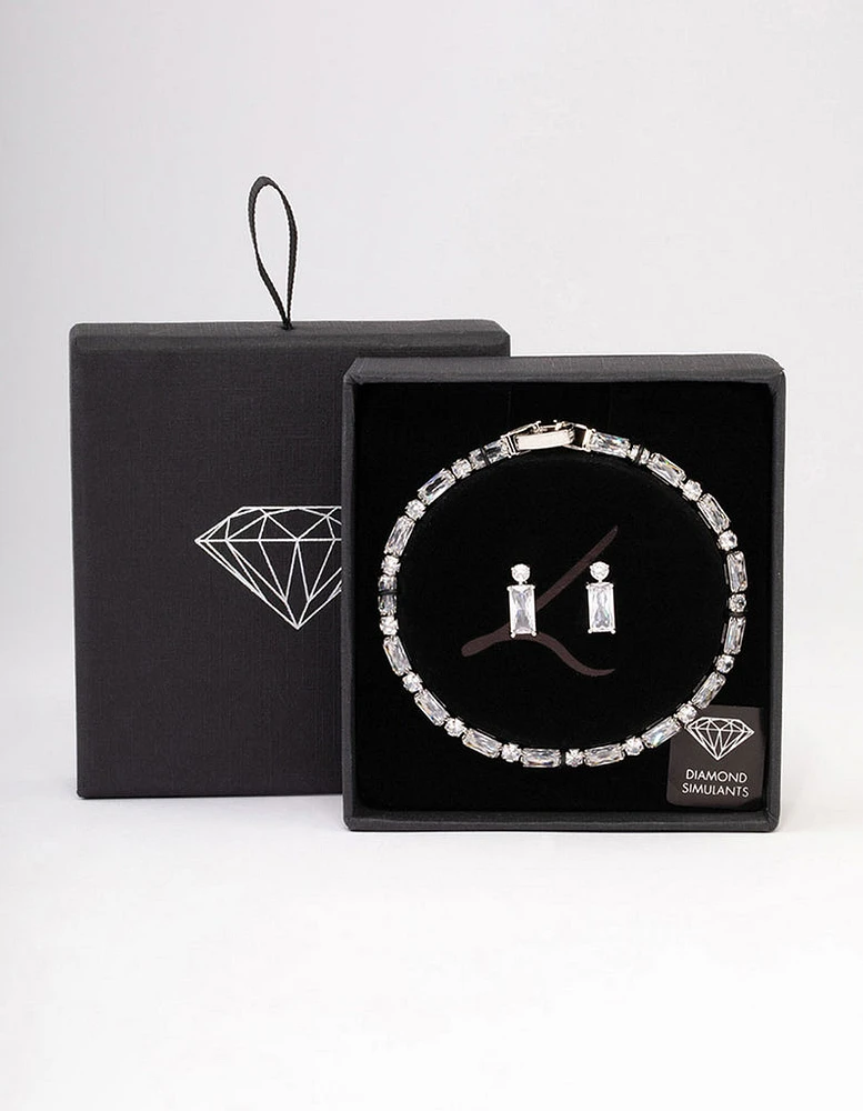 Rhodium Cubic Zirconia Baguette Earrings & Tennis Bracelet Set