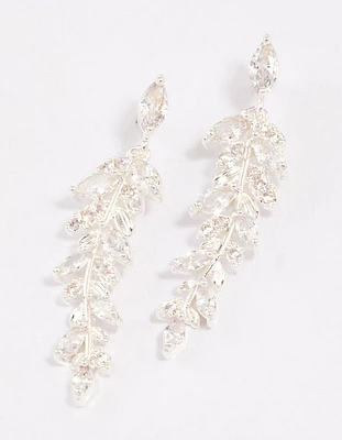 Silver Plated Cubic Zirconia Dainty Leaf Drop Earrings