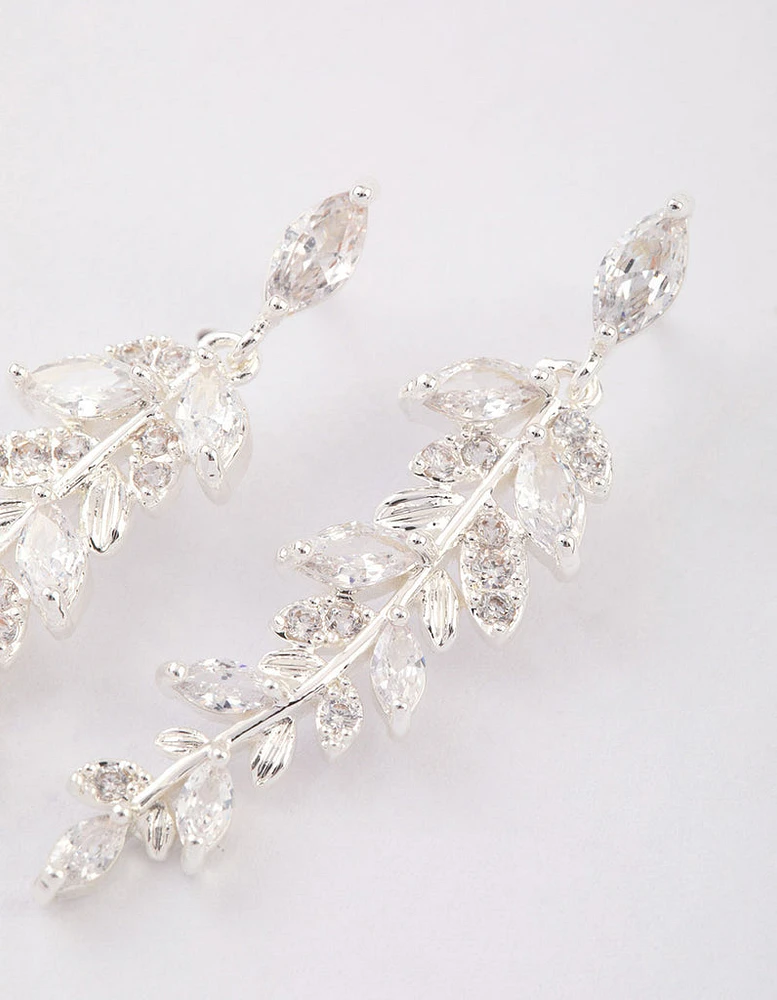 Silver Plated Cubic Zirconia Dainty Leaf Drop Earrings