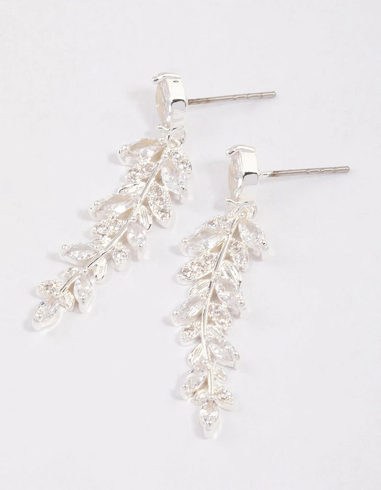 Silver Plated Cubic Zirconia Dainty Leaf Drop Earrings