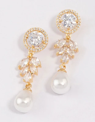 Gold Plated Round Leaf & Pearl Drop Earrings
