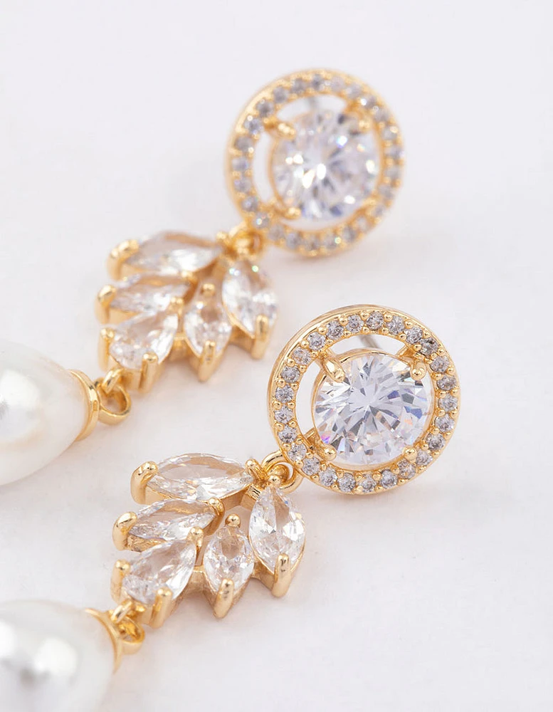 Gold Plated Round Leaf & Pearl Drop Earrings