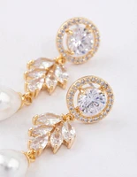 Gold Plated Round Leaf & Pearl Drop Earrings