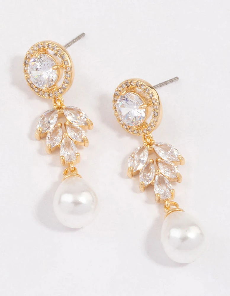 Gold Plated Round Leaf & Pearl Drop Earrings