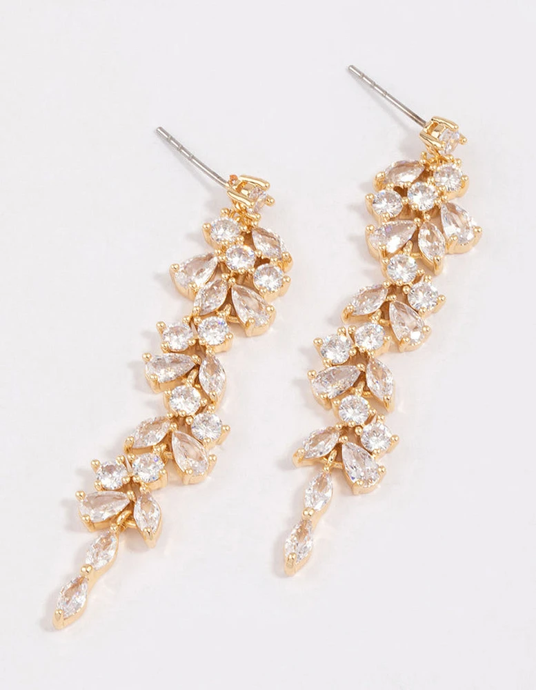 Gold Plated Cubic Zirconia Dainty Vine Drop Earrings