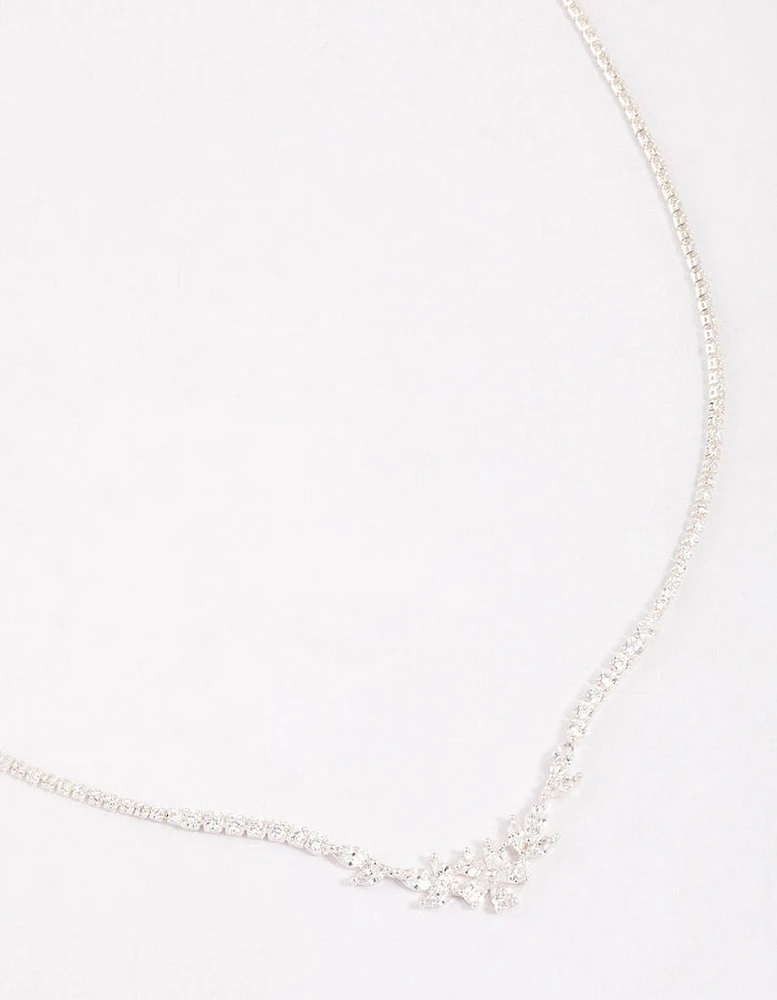 Silver Plated Cubic Zirconia Dainty Cup Chain Floral Necklace