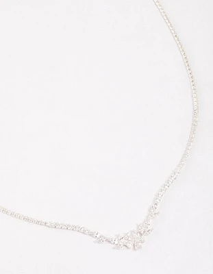 Silver Plated Cubic Zirconia Dainty Cup Chain Floral Necklace