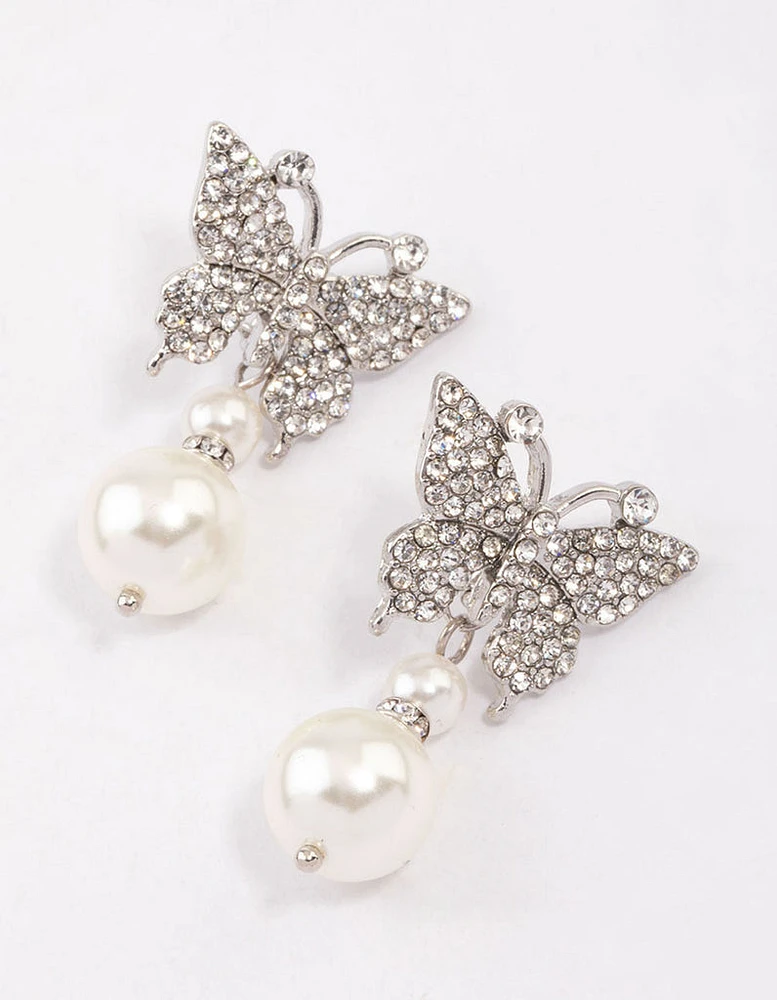 Rhodium Butterfly & Pearl Drop Earrings