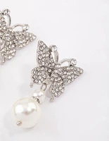 Rhodium Butterfly & Pearl Drop Earrings