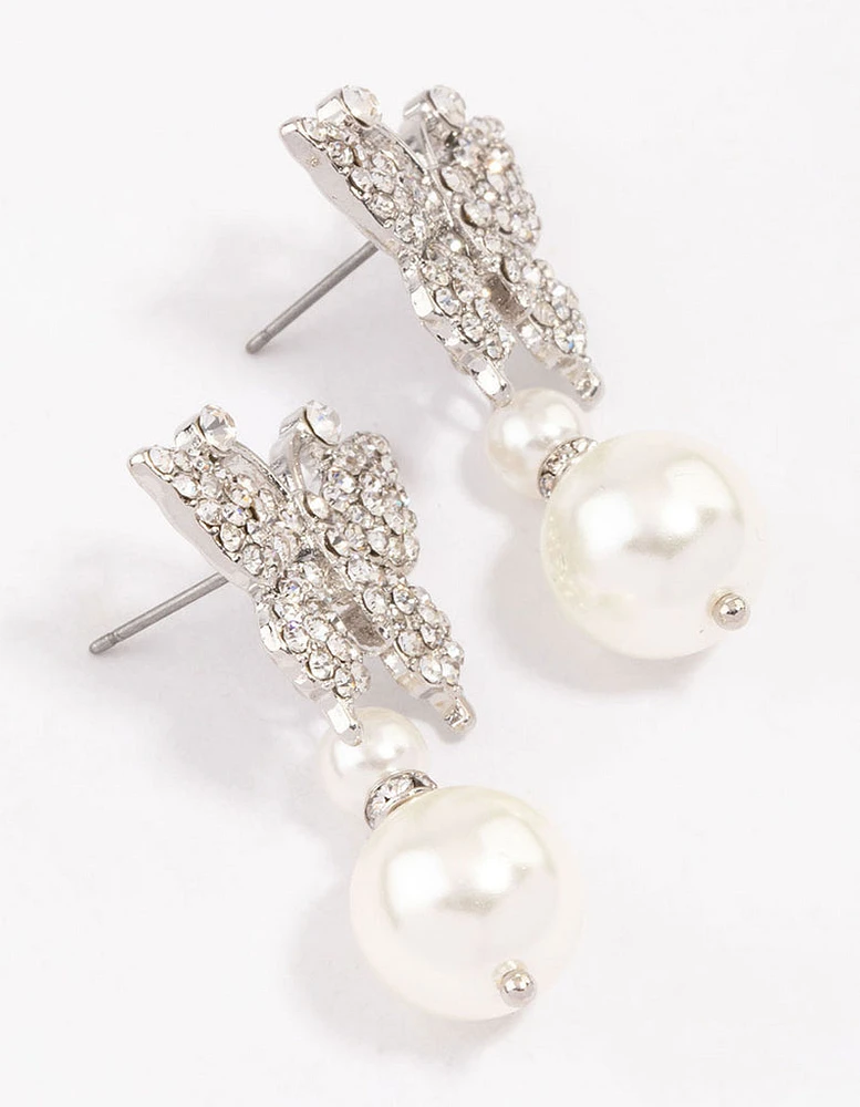 Rhodium Butterfly & Pearl Drop Earrings