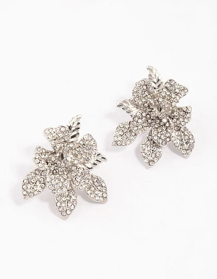 Silver Diamante Pave Flower Stud Earrings