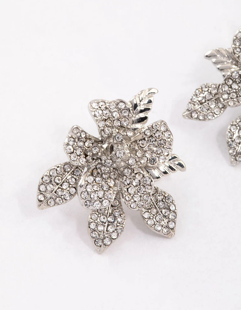 Silver Diamante Pave Flower Stud Earrings