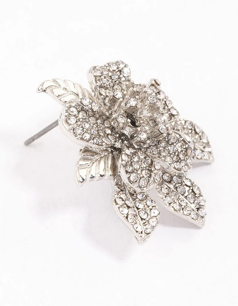 Silver Diamante Pave Flower Stud Earrings