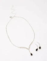 Silver Diamante Stone Long Earrings & Necklace Set