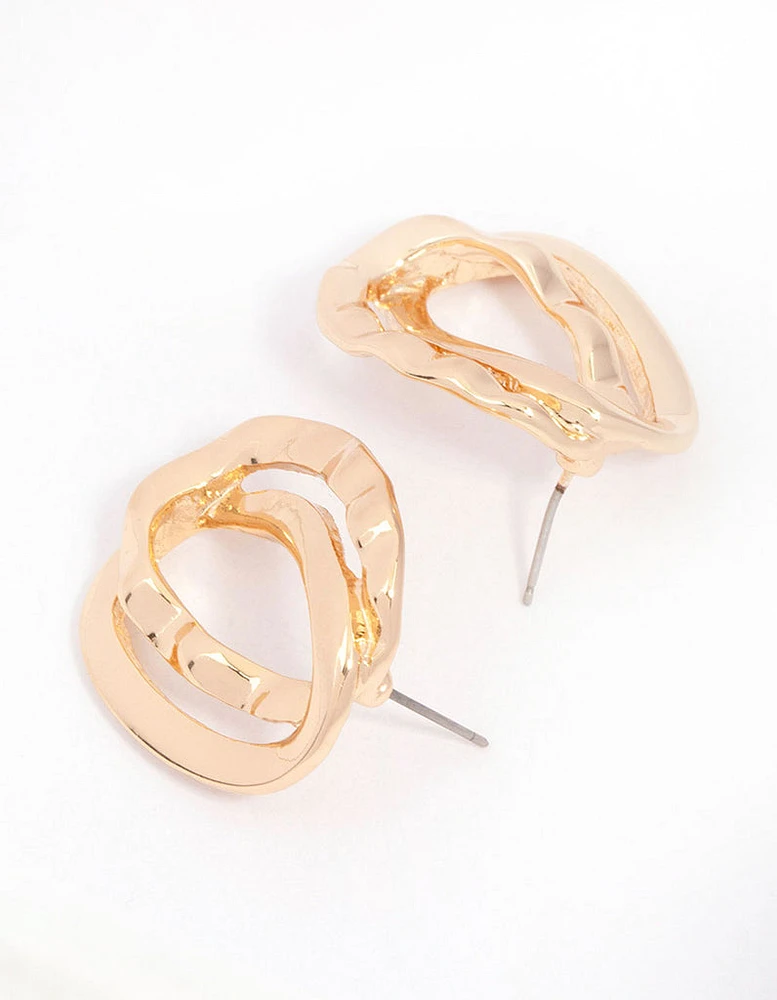 Gold Molten Double Ring Drop Earrings