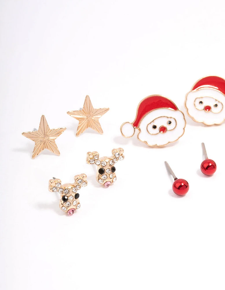 Kids Christmas Reindeer & Santa Earrings 6-Pack