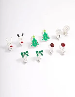 Kids Christmas Glitter Bow Clip On Earrings 5-Pack