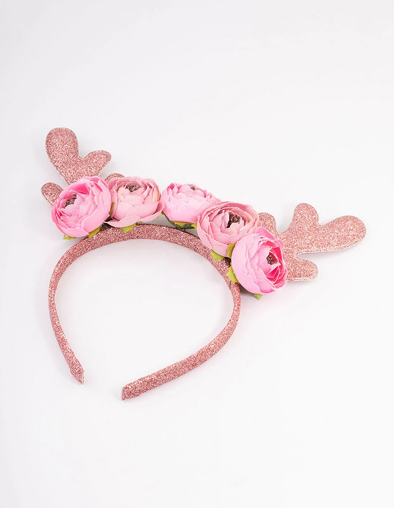 Kids Fabric Christmas Glitter & Flower Antler Headband