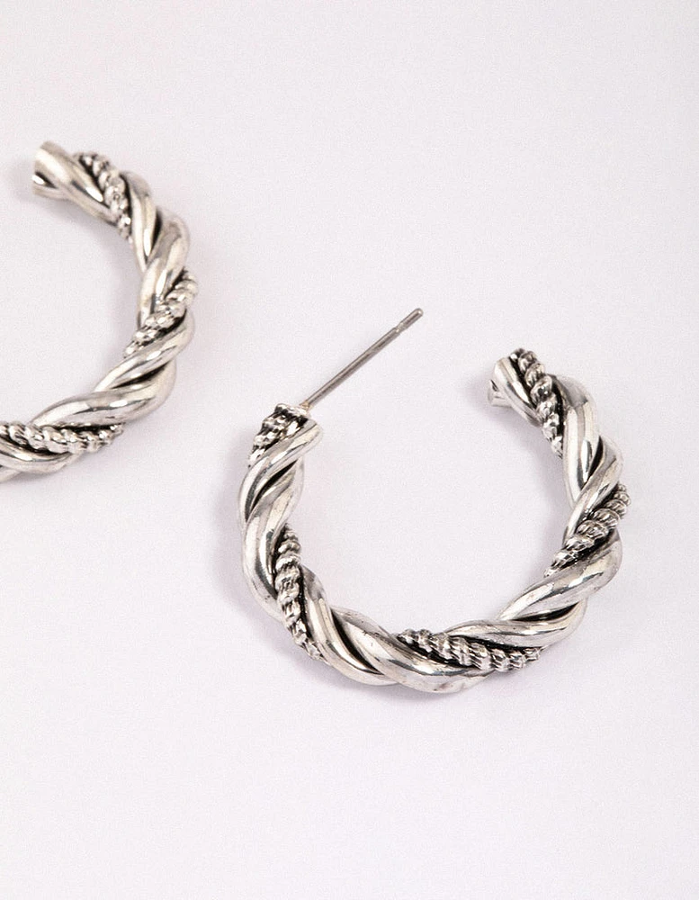 Antique Silver Textured Twisted Hoop Earrings