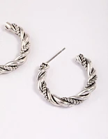 Antique Silver Textured Twisted Hoop Earrings