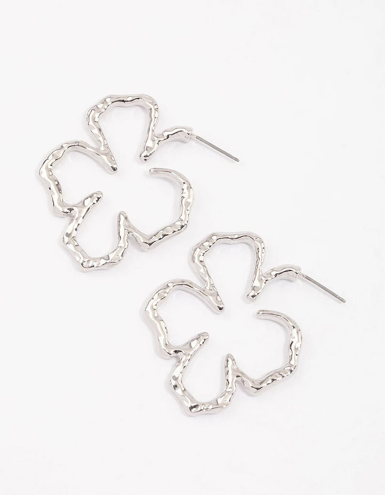 Rhodium Large Hammered Flower Hoop Earrings