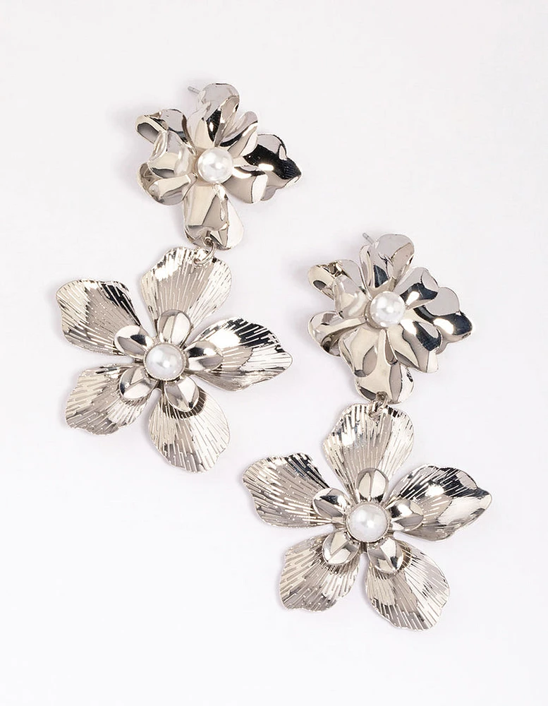 Silver Double Layer Pearl Flower Drop Earrings