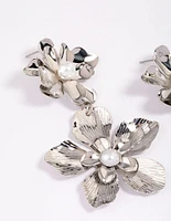 Silver Double Layer Pearl Flower Drop Earrings