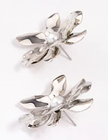 Silver Large Pearly Flower Stud Earrings